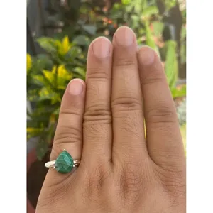 14K <b>925</b> <b>Silver</b> <b>Ring</b> with Natural Stone Pear Cut Malachite Rhodium Plated Geometric Pattern Everyday Wear - Product Image 2
