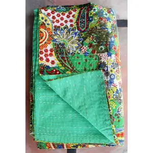 Indian Cotton Fabric Paisley Print Queen Kantha Blanket Bedding Blanket Bohemian Hippie Green Paisley Quilt Beach