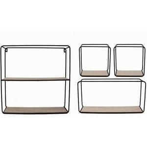 रसोई उपकरण भंडारण के लिए लकड़ी के आधार के साथ 4 काले वर्ग धातु फ्लोटिंग अलमारियों का सेट आधुनिक डिजाइन प्राकृतिक फिनिश - Product Image 2