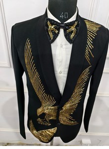 Costume brodé noir et or pour homme Costume de mariage élégant pour marié Tuxedo Prom Blazer Set - Product Image 4