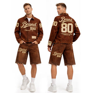 Conjunto de Chaqueta y Pantalones Cortos de Mezclilla Marrón para Hombre, Estilo Vintage Personalizado, Lavado, Desgastado, Camisa de Mezclilla Corta y Pantalones Cortos - Product Image 1