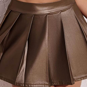 2025 marron-couleur Sexy a-ligne en cuir PU jupe courte pour Clubwear taille haute Faux cuir plissé-Mini jupe pour les femmes - Product Image 4