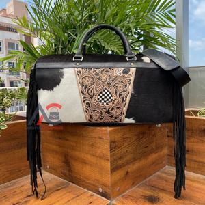 Fabricante Weekender diseño a cuadros Tooled Hair-On cuero genuino viaje de negocios flecos bolsa de lona de gran tamaño bolsa de mano - Product Image 1