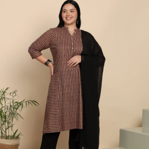 Kurta Droite en Coton à Rayures Imprimées pour Femmes avec Pantalon et Dupatta Longueur Mollet Col Mandarin Manches Trois Quarts Multi - Product Image 1