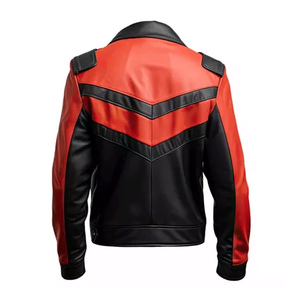 Original Men's <b>Sheepskin</b> Leather Biker <b>Jacket</b> in Red & White Stand Collar Winter Season Coat - Product Image 4