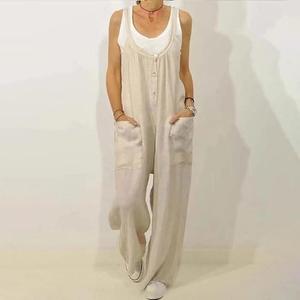 Bolsillos con tirantes para mujer, Color sólido, cintura alta, cinturón elástico, mono abotonado, mono de pierna ancha, pantalones 2025 - Product Image 6