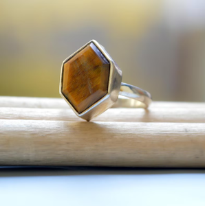925 Sterling Silver Premium Boho Wedding <b>Ring</b> Hexagon Faceted <b>Tiger</b> <b>Eye</b> Gems Natural Gemstone Jewelry Fine Statement Gift - Product Image 1