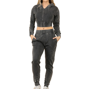 Women Acid Wash Cropped Zip Up Hoodie Jogger <b>Set</b> Vintage <b>Two</b> <b>Piece</b> Tracksuit Streetwear <b>Lounge</b> Outfit - Product Image 1