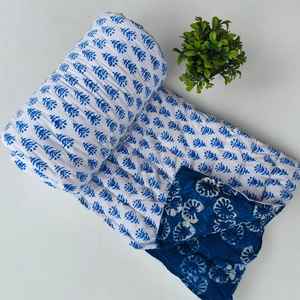 Hand Block Printed California Blue Cotton Razai Reversible <b>Quilted</b> <b>Blanket</b> - Product Image 6