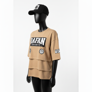 Chemise double couche en coton premium pour femmes, tissu doux et respirant, couleur beige, panneau superposé, logo personnalisé, chemises double couche en coton - Product Image 4