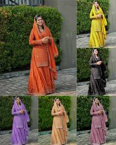 Tenue de soirée de créateur pakistanaise orange traditionnelle pour femme Salwar Kameez avec haut de costume ethnique indien Dupatta Sharara-Palazzo - Product Image 6