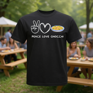 T-Shirt Unisex 'Peace Love Gnocchi' per Adulti, Manica Corta, Collo Tondo, Stampa Serigrafica, per Attività Promozionali - Product Image 3