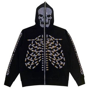 Nueva moda Rhinestone Skeleton Full Face Zip Hoodie Streetwear Peso pesado Full Zip up Hoodie para hombres Mujeres - Product Image 1