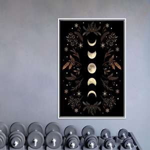 Impresión en lienzo moderna de estilo bohemio con diseño de luna y flores, decoración elegante para el hogar, con marco blanco - Product Image 1