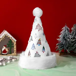 Белая плюшевая Рождественская шляпа Санта-Клауса с принтом блесток Рождественская елка с помпоном Рождественская шляпа плюшевая отделка шляпы Санта-Клауса для детей и взрослых