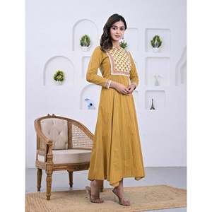 Vestido Anarkali Amarillo de Algodón con Estampado de Bloques, Estilo Pakistaní, Ropa Étnica India con Salwar Kameez - Product Image 5