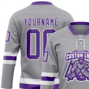OEM fabricación personalizada al por mayor gris púrpura-blanco de alta calidad de encaje de hockey jersey de cuello - Product Image 5