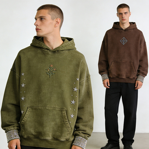 Sweat-shirt à épaules tombantes personnalisé, délavé au soleil, avec strass, broderie 3D, lavage à l'acide, vintage, décontracté, 100% coton, molleton, sweat-shirt pour hommes - Product Image 1