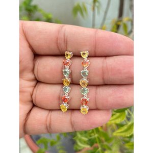 <b>925</b> <b>Silver</b> Multi Sapphire Drop <b>Earrings</b> with 18K Gold Platinum Diamond Accents for Wedding or Party - Product Image 1