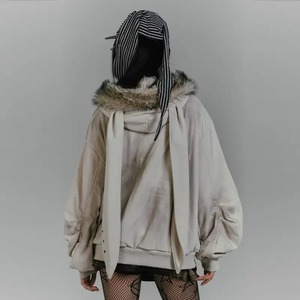 Sudadera con capucha de punto con Orejas de conejo y cuello de cuero gris con cremallera Y2K con estampado gótico de estilo personalizado minimalista, tops de terciopelo para mujer - Product Image 3