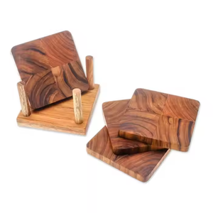 Ensemble de sous-verres et tampons en noyer Premium 4pcs Designs carrés et circulaires Style de luxe classique BY Crescent Crafts - Product Image 1