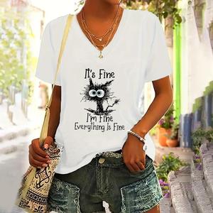 2025 Women T Shirt Summer <b>Cartoon</b> Cat Print <b>Tshirt</b> Plus Size Women's Clothing Oversized Designer Short Sleeve Shirt Women V-neck - Product Image 1