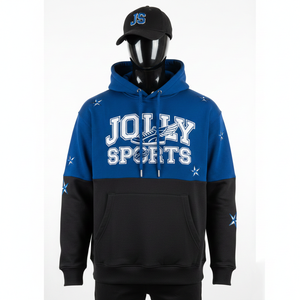 Sweat à capuche en polaire de coton premium 300 GSM, bleu et noir, design à panneaux, coupe ajustée, logo brodé personnalisé, sweat à capuche basique - Product Image 1