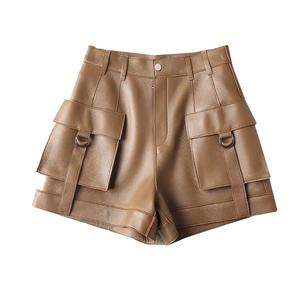 Pantalones cortos de cuero genuino de cintura alta con falda de mujer de cuero de bolsillo frontal de embalaje personalizado - Product Image 1