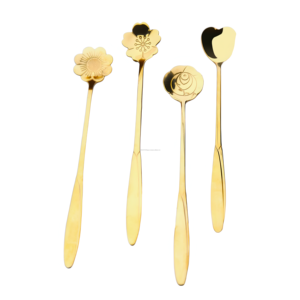 Cuillère à mélanger personnalisée en acier inoxydable doré, forme de fleur, manche long, style moderne et luxueux, pour mariage, vente en gros - Product Image 1