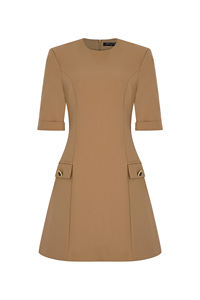 Women's Brown <b>Midi</b> <b>Dress</b> <b>with</b> 3/4 Sleeves <b>Pockets</b> Elegant Solid Pattern Winter Formal Business Clothing Wholesale Office Wear - Product Image 2