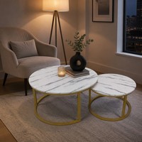Ensemble de table basse ronde moderne de luxe en verre trempé et MDF avec pieds en métal doré pour la maison, le salon, l'hôtel, élégant