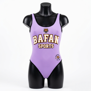 Maillot de bain femme en polyester et élasthanne de haute qualité, 220 GSM, couleur violet, doux, extensible, avec logo personnalisé par transfert thermique. - Product Image 4