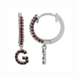 Boucles d'oreilles créoles élégantes pour femmes, rhodiées, argent sterling 925, grenat naturel, pierre précieuse, lettre G, cadeau pour anniversaire ou fête - Product Image 1