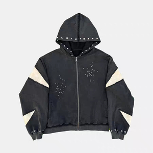 Custom Applique Embroidery Distressed Hoodie Rhinestone <b>Zip</b> <b>up</b> <b>Jacket</b> Acid Wash Vintage Washed Men Fleece Streetwear Hoodie - Product Image 1