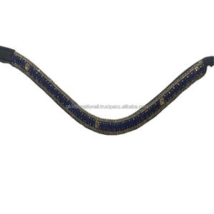 3 rangées de cristaux argentés et bleus de qualité supérieure en cuir véritable de luxe, bande de sourcils de cheval méga bling, fabricant en gros - Product Image 1