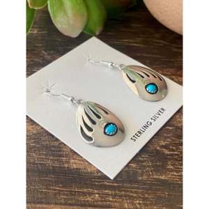 Navajo Handmade Bear Claw <b>Dangle</b> <b>Earrings</b> with Kingman Turquoise & Sterling <b>Silver</b> Drop Animal Shape Pattern - Product Image 3