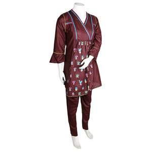 Traje de Dos Piezas de Algodón Bordado para Mujer - Marrón Oscuro - Product Image 1