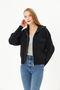 Manteau court décontracté pour femmes tricot à glissière en acier tricot manteau quotidien confortable avec col à capuche haut élégant confort assaisonné - Product Image 5