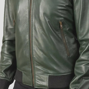 Men's Green PU Leather Bomber Jacket Zipper Closure Turn-<b>down</b> Collar Casual Autumn Wear - Product Image 3