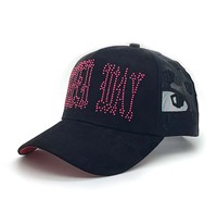 Gorra de Malla con Visera de Gamuza Negra con Cristales Rosados y Letra Gótica Personalizada, Gorra Trucker de Lujo con Pedrería