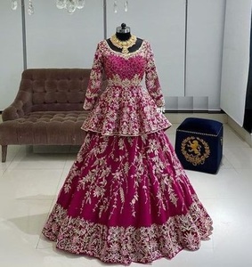 Nouvelle robe de mariée indienne/portugaise PEPLUM & LEHENG ornée de perles de verre cristal, pierre & DABKA pour mariage @ 2022 - Product Image 1