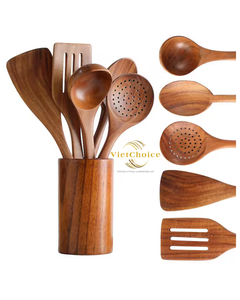 Juego de Utensilios de Cocina de Madera de Teca Vietchoice de 6 Piezas con Espátulas, Cucharas y Tenedores de Mango Largo - Apto para Lavavajillas, Horno y Estufa - Product Image 5