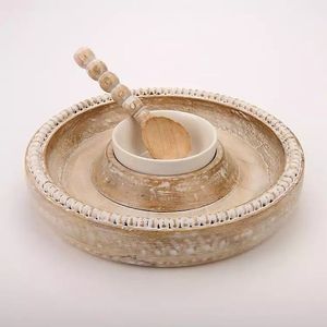 Plateau à copeaux et trempette en bois d'acacia avec bol en céramique Plateau de service en bois rond élégant pour les collations Plat de service moderne à trempette - Product Image 3