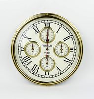 Horloge nautique en laiton World Times avec cinq moteurs à mécanisme | Horloge accessoire de bateau nautique
