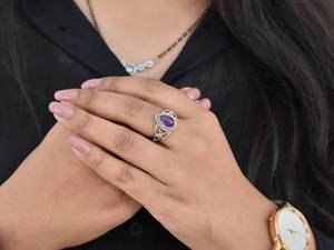 Déclaration améthyste Floral poire bague empilable en argent Sterling 925 pierre précieuse naturelle bande réglable à la main Boho Chic bijoux - Product Image 3