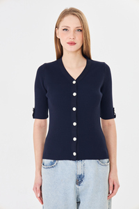 Cárdigan Elegante de Manga Corta para Mujer, Cómodo, Transpirable, de Punto Acanalado, Corte Ajustado, con Botones, Top de Punto para Verano, Estilo Moderno para Damas - Product Image 6