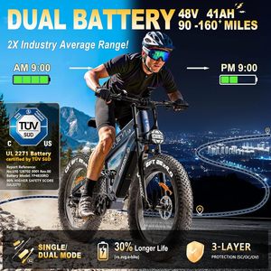 Bici elettrica a doppia batteria per adulti, bici da terra E da 48V 41AH 160 miglia a lungo raggio, motore da 3000W da 40mph, EBike veloce da 26" - Product Image 2