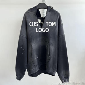 Ropa de calle de alta calidad, Vintage, rasgado, con cuello en V, en blanco, hombros caídos, tejido sólido, lavado ácido, sudaderas con capucha regulares desgastadas, Unisex - Product Image 1