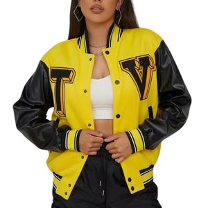 Venta caliente chaqueta Varsity para mujer otoño amarillo 100% algodón uniforme de béisbol abrigo bordado de letras chaqueta de béisbol universitaria para - Product Image 1