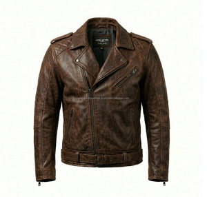 Chaqueta de Cuero de Oveja Genuina para Hombre, Color Marrón, Estilo Motero, Cuello Alto, Impermeable, Ecológica, con Logotipo Frontal, para Invierno - Product Image 3